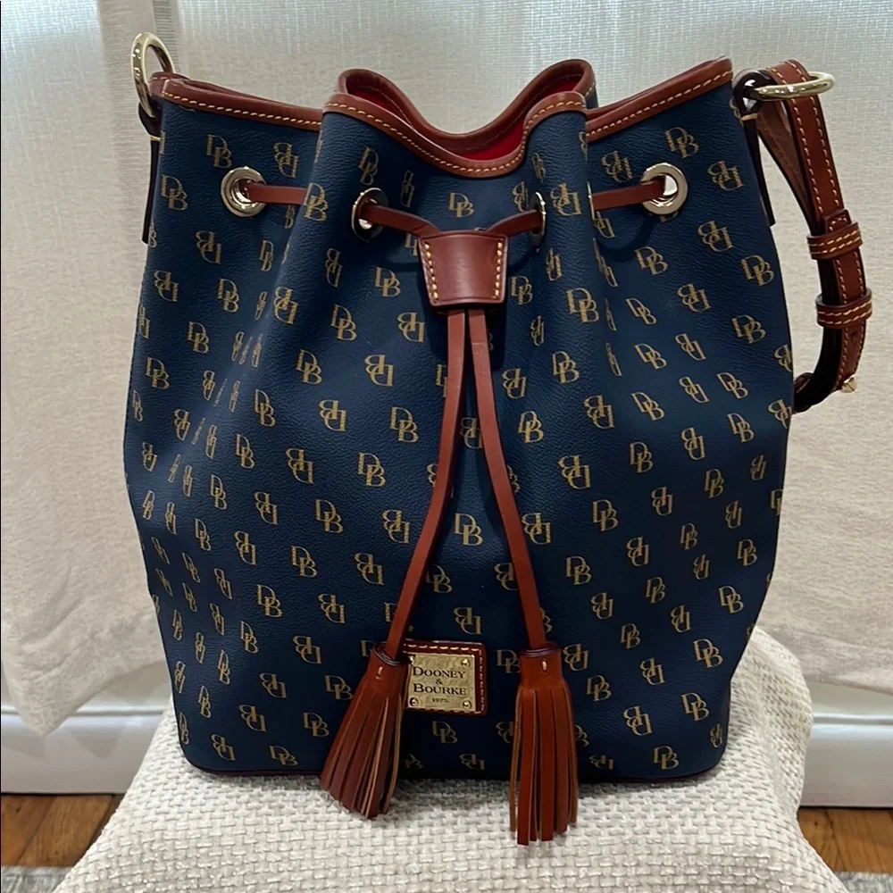 Dooney & Bourke Navy and Brown Drawstring Bucket Shoulder Bag - Picture 1 of 10